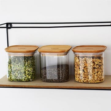 Glass Set of 3 Square Storage Containers, 800ml, Bamboo