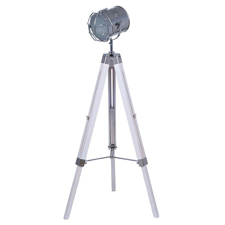 White Wash and Silver Metal Tripod Floor Lamp