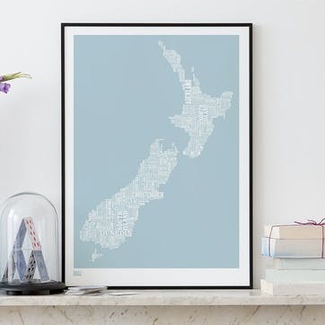 Type Map Screen Print New Zealand, 50cm x 70cm, Duck Egg Blue