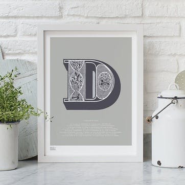 Illustrated Letter D Screen Print, 30cm x 40cm, Putty