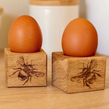 Bee Set of 2 Oak Egg Cups H5cm x W5cm xD4cm