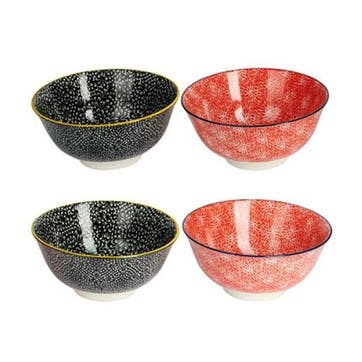 Floral Set of 4 Bowls D15.5cm, Red/Black