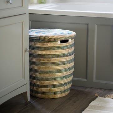 Round Laundry Basket, Medium, Natural/ Blue Stripes