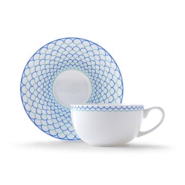 Cappuccino cup and saucer, H7.5 x D11cm, Jo Deakin LTD, Ripple, blue/turquoise