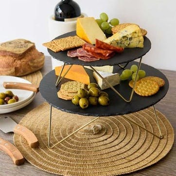 Two Tier  Slate Serving Stand, Grey/Gold