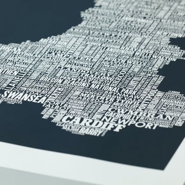 Type Map Screen Print Wales, 50cm x 70cm, Sheer Slate