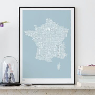 Type Map Screen Print France, 50cm x 70cm, Duck Egg Blue