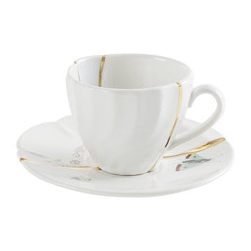 Coffee cup and saucer, Seletti, Kintsugi - No2, white/gold