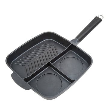 Sectional Non-Stick 3 Section Grill Griddle Pan 38cm, Black