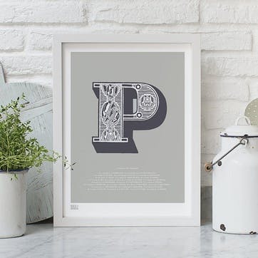 Illustrated Letter P Screen Print, 30cm x 40cm, Putty