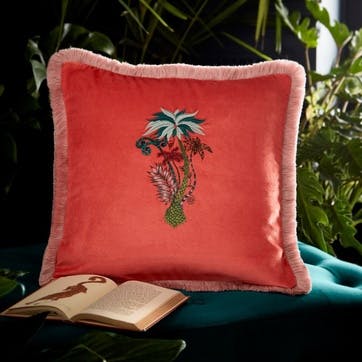 Square cushion, Emma J Shipley, Jungle Palms, coral