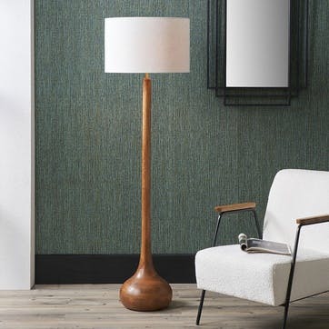Toma Floor Lamp With Linen Drum Shade H133cm, Oiled Wood