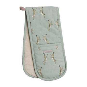 Boxing Hares Double Oven Glove, Duck Egg Grey