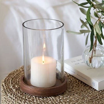 Mango Wood Hurricane Candle Holder H19.5cm, Clear