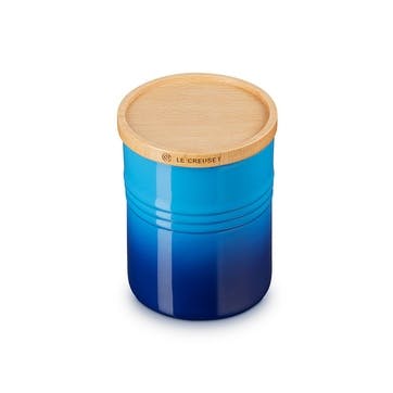 Stoneware Medium Storage Jar with Wooden Lid , Azure