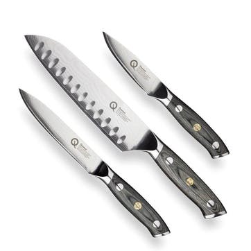 Q30 Series 3 Piece Damascus Steel Paring, All Purpose & 17.5cm Santoku Knife Set, Black