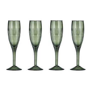 Mila Set of 4 Tall Champagne Glasses, Dark Emerald