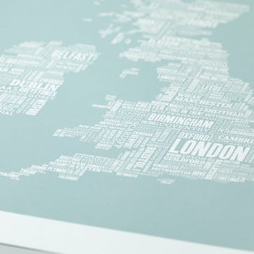 Type Map Screen Print UK and Ireland, 50cm x 70cm, Duck Egg Blue