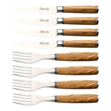 Katana Saya Olive Wood 8 Pce Steak Knife & Fork Set ,