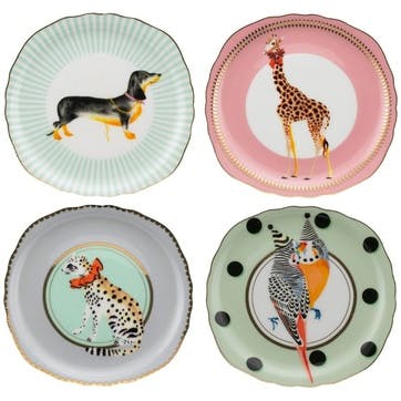 Animal  Set of 4 Square Animal Plates, D16cm, Pastel