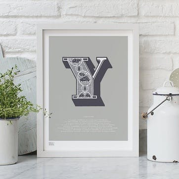 Illustrated Letter Y Screen Print, 30cm x 40cm, Putty