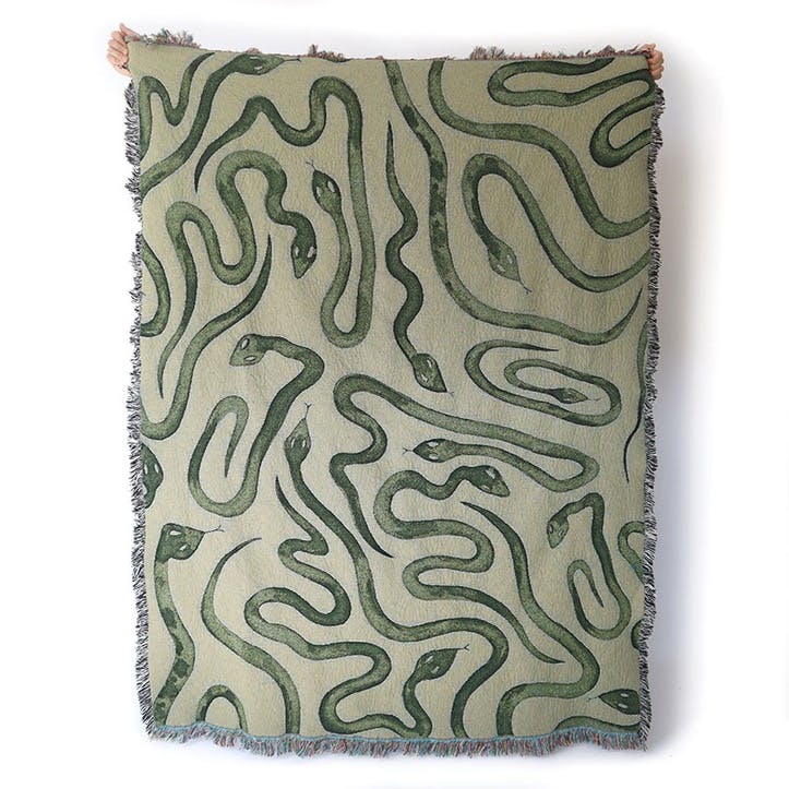Snakes Woven Recycled Cotton Throw 137 x 183cm, Green