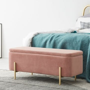 Asare upholstered storage bench, Blush Pink and Brass