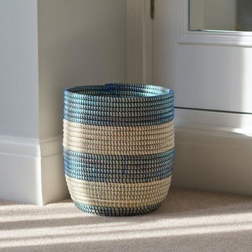 Handwoven Wastepaper Basket, Natural/ Blue Stripes