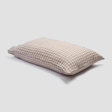 Gingham Linen Pillowcase Pair, Standard, Mushroom