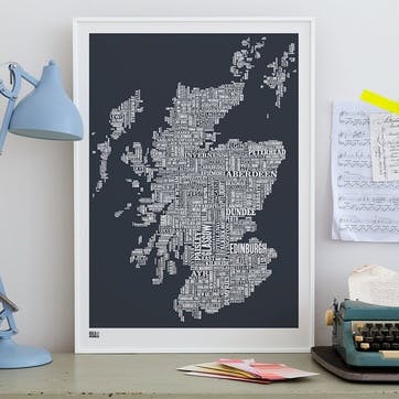 Type Map Screen Print Scotland, 50cm x 70cm, Sheer Slate