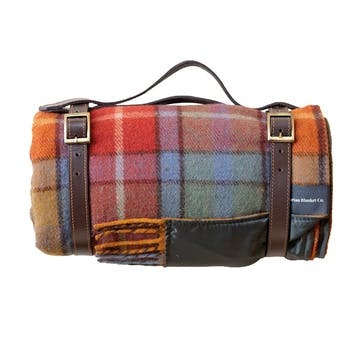 Recycled Wool Picnic Blanket with Brown Leather Carrier 140 x 190cm, Buchanan Antique Tartan