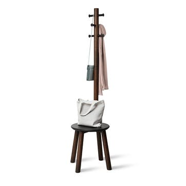 Pillar Coat Rack with Stool H165cm, Black & Walnut