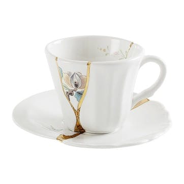 Coffee cup and saucer, Seletti, Kintsugi - No3, white/gold