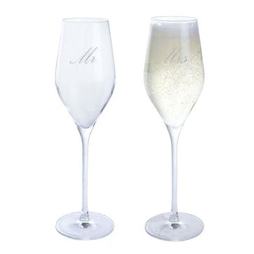 Mr & Mrs Wine & Bar Set of Two Flutes, 260ml, Clear