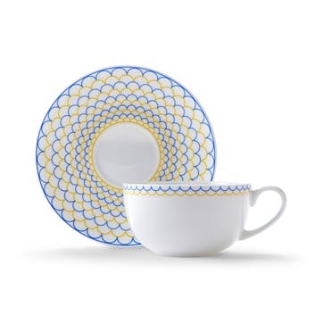 Cappuccino cup and saucer, H7.5 x D11cm, Jo Deakin LTD, Ripple, yellow/blue