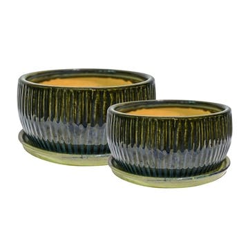 Bonsai Set of 2 Reactive Glaze Planters, Green