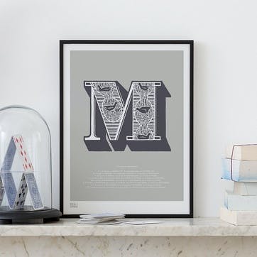 Illustrated Letter M Screen Print, 30cm x 40cm, Putty