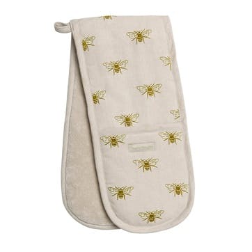 Bees Linen Double Oven Glove , Natural, Yellow