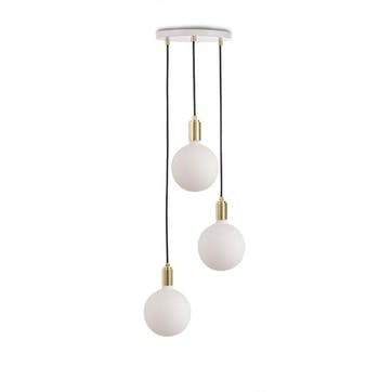Canopy & Sphere Bulb Triple Ceiling Plate & Pendant Set L400 x W25cm White & Brass