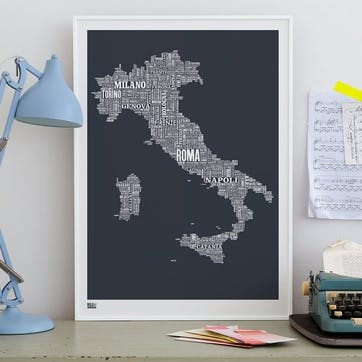 Type Map Screen Print Italy, 50cm x 70cm, Sheer Slate