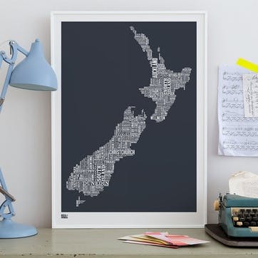 Type Map Screen Print New Zealand, 50cm x 70cm, Sheer Slate