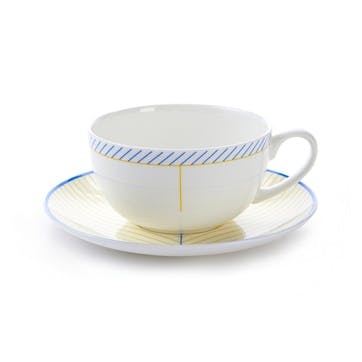 Cappuccino cup and saucer, H7.5 x D11cm, Jo Deakin LTD, Ebb, yellow/blue