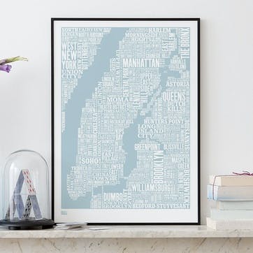 Type Map Screen Print New York City, 50cm x 70cm, Duck Egg Blue