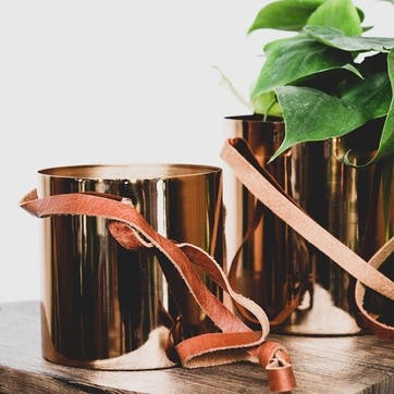 Copper, Hanging Planter With Leather Straps, Dia 15cm