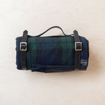 Recycled Wool Picnic Blanket with Black Leather Carrier 140 x 190cm, Black Watch Tartan