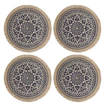 Mandala Woven Set of 4 Placemats D42cm, Blue