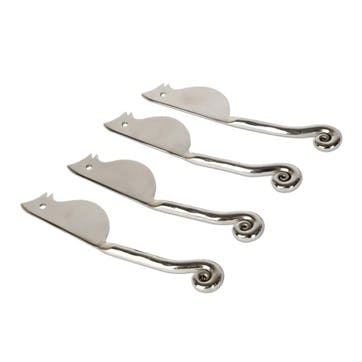 Set Of Four Mouse Cheese Knives, Mini, Curved Back
