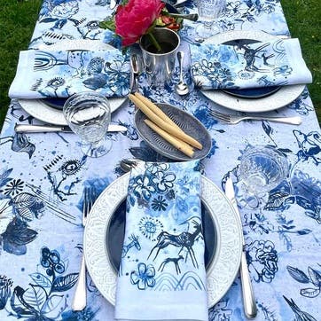 Wildlife Washed Linen Tablecloth 170 x 350cm, Indigo