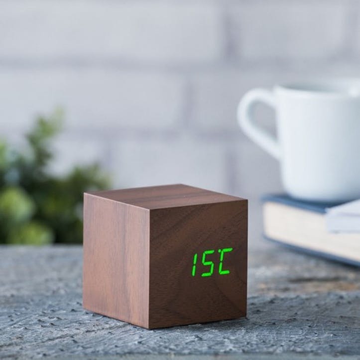 Cube Click Clock Walnut/ Green LED, 6.8cm