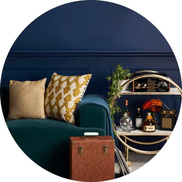 Living room scene sofa and bar trolley